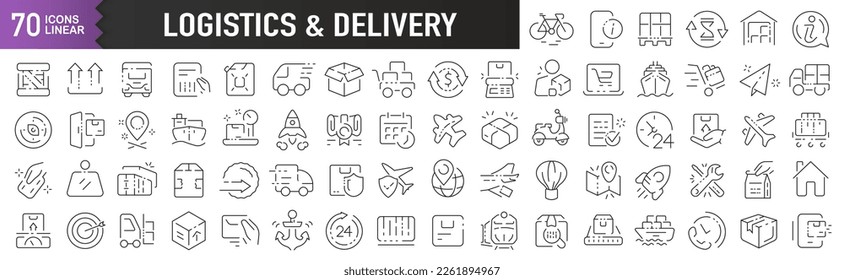 Logistics and delivery black linear icons. Collection of 70 icons in black. Big set of linear icons