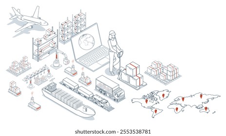Logistics and delivery bridge the supply chain, managing goods from source to customer. It efficiently handles inventory, warehousing, transportation, and order fulfillment. Vector illustration eps10