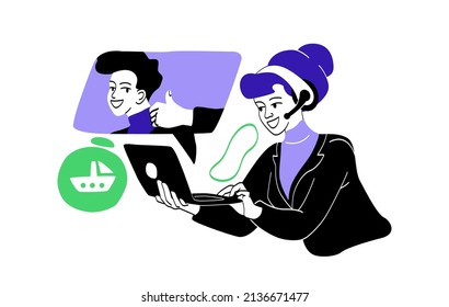 Logistics and delivery. Call center operator communicates with client, collecting feedback. Manager sends information about orders to partner, digital world. Cartoon flat vector illustration