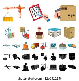 Logistics and delivery cartoon, black icons in set collection for design. Transport and equipment isometric vector symbol stock web illustration.