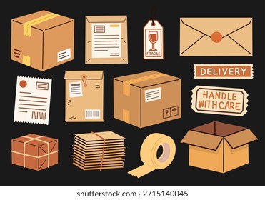 Logística e coleta de entrega em estilo plano desenhado à mão para as necessidades de envio e e-commerce. Ideal para serviços de entrega, imagens de depósito, design de embalagens e gráficos empresariais.