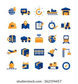  Logistics and delivery concept blue yellow icons set with time and transport symbols flat isolated vector illustration 