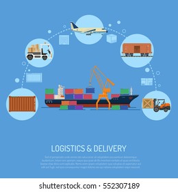 logistics and delivery concept with flat Icons Set sea, rail and air transport isolated vector illustration