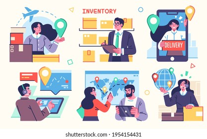 Logistics and delivery concept illustration set. Logistic management, delivery control, logistics software concepts. Vector illustrations