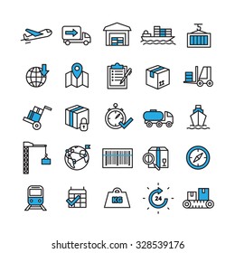 Logistics and delivery concept line icons set with time and transport symbols flat isolated vector illustration 