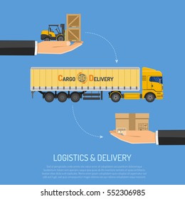 Logistics and Delivery Concept with Trucking and Hand Flat icons isolated vector illustration