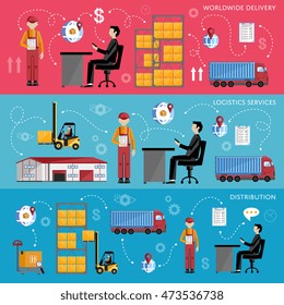 Logistics delivery concept via supply chain warehouse and transportation management. Delivery service with distribution channel. Warehouse logistics infographics concept. Supply chain management.