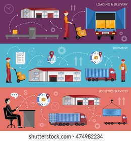 Logistics delivery concept via supply chain warehouse and transportation management. Delivery service with distribution channel. Warehouse logistics infographics concept. Supply chain management.