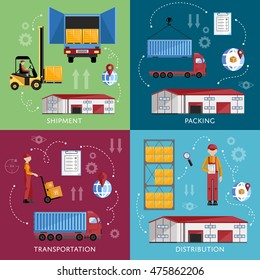 Logistics delivery concept via supply chain warehouse and transportation management. Delivery service with distribution channel. Warehouse logistics infographics concept. Supply chain management.