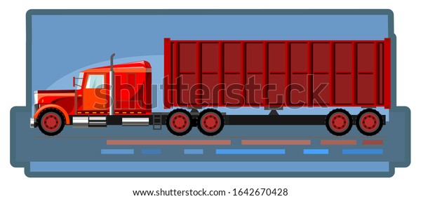 Logistics delivery of containers by car. Vector\
illustration. Container ship. Cargo services of company.\
Transportation by large trucks. Autopark. Picture for the booklet,\
graphic button of\
website.