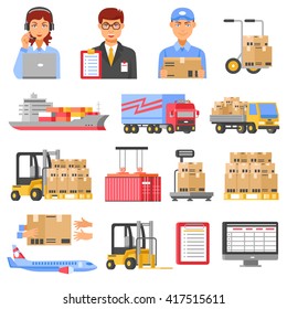 Logistics and delivery decorative icons set of different kinds of transport with airplane truck ship forklift and cargo boxes isolated vector illustration 