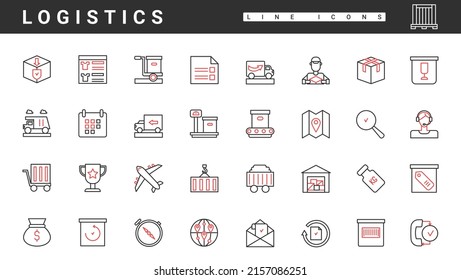Logistics, delivery and distribution service thin red and black line icons set vector illustration. Abstract warehouse and box storage, international freight cargo shipment, merchandise and support