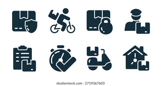 Logistics and delivery excellent icon collection. Secure parcel, courier bicycle, locked package, delivery worker, document tracking, stopwatch control, scooter shipping, home delivery icons
