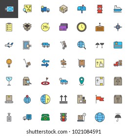 Logistics delivery filled outline icons set, line vector symbol collection, linear colorful pictogram pack. Signs, logo illustration, Set includes icons as cardboard, package, parcel, fragile, cargo