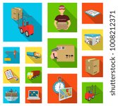 Logistics and delivery flat icons in set collection for design. Transport and equipment isometric vector symbol stock web illustration.