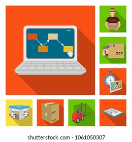 Logistics and delivery flat icons in set collection for design. Transport and equipment isometric vector symbol stock web illustration.