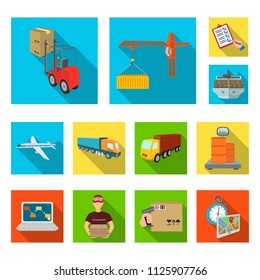 Logistics and delivery flat icons in set collection for design. Transport and equipment isometric vector symbol stock web illustration.