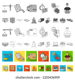 Logistics and delivery flat icons in set collection for design. Transport and equipment isometric vector symbol stock web illustration.