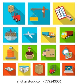 Logistics and delivery flat icons in set collection for design. Transport and equipment isometric vector symbol stock web illustration.