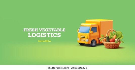 Logística y entrega de hortalizas frescas. Cesta 3D con verduras, camión amarillo sobre fondo verde. Verduras frescas de granja. Entrega rápida, fresca, granja. Ilustración vectorial.