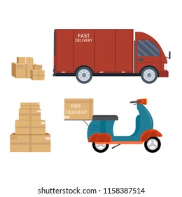 Logistics and delivery icon service isolated on white background: truck with packages , lorry, van,  scooter; motorcycle; bike and parcel. Postal service creative design. Vector flat illustration.