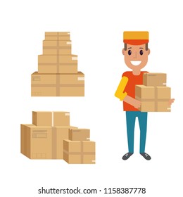 Logistics and delivery icon service isolated on white background: smiling couriers with packages, box, parcel. Postal service creative design. Vector flat illustration.