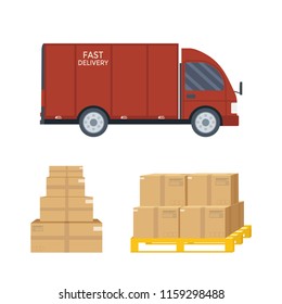 Logistics and delivery icon service isolated on white background: truck, lorry, van with package, box. Postal service creative design. Vector flat illustration.
