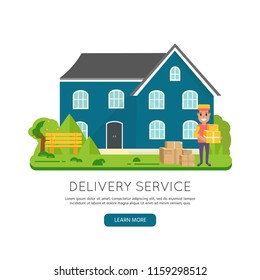 Logistics and delivery icon service isolated on white background: smiling couriers with packages, box, parcel, house, building. Postal service creative design. Vector flat illustration.
