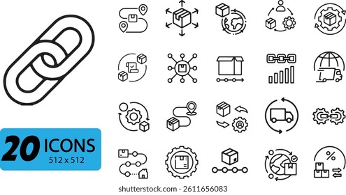 Logistics and Delivery Icon Set: 20 Outline Vector Illustrations Representing Shipping and Supply Chain