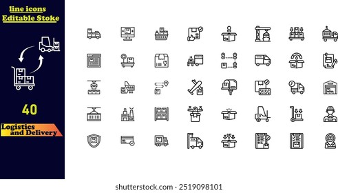 Logistics and delivery icon set, featuring a collection of simple line icons including sea shipping, air transport, delivery dates, couriers, warehouses, return parcels, fast shipping, and more. 