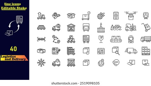 Conjunto de íconos de logística y entrega, con una colección de íconos de línea simples que incluyen envío marítimo, transporte aéreo, fechas de entrega, mensajeros, almacenes, paquetes de devolución, envío rápido y más. 