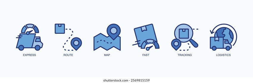 Logistics And Delivery Icon Set Icon Set Isolated Vector Illustration Concept With Icon Of Express, Route, Map, Fast, Tracking, Logistics In Blue Style