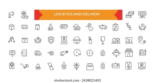 Conjunto de iconos de logística y entrega. Iconos de línea vectorial relacionados con el envío. Contiene iconos como Mensajería, Protección de paquetes. Colección de símbolos de contorno.