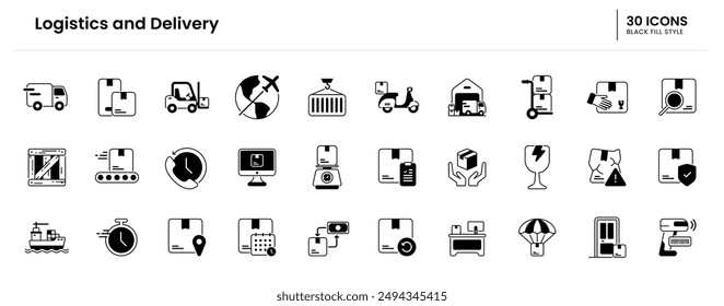 Conjunto de iconos de logística y entrega. entrega, envío, logística, caja, mensajería, carga, almacén, camión, transporte, paquete, envío. Ilustración de Vector de relleno negro