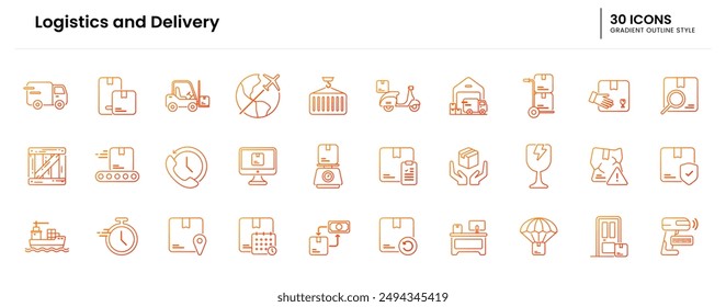 Conjunto de iconos de logística y entrega. entrega, envío, logística, caja, mensajería, carga, almacén, camión, transporte, paquete, envío. Ilustración de Vector de contorno de degradado