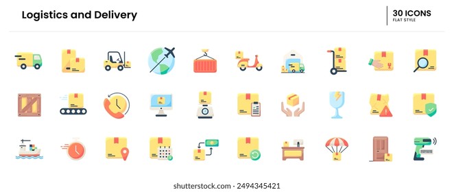 Conjunto de iconos de logística y entrega. entrega, envío, logística, caja, mensajería, carga, almacén, camión, transporte, paquete, envío. Ilustración de Vector plano