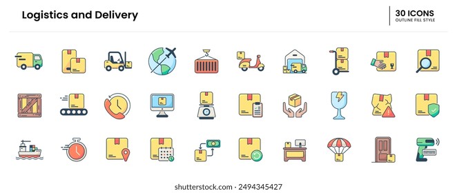 Conjunto de iconos de logística y entrega. entrega, envío, logística, caja, mensajería, carga, almacén, camión, transporte, paquete, envío. Ilustración del icono de relleno de contorno de Vector