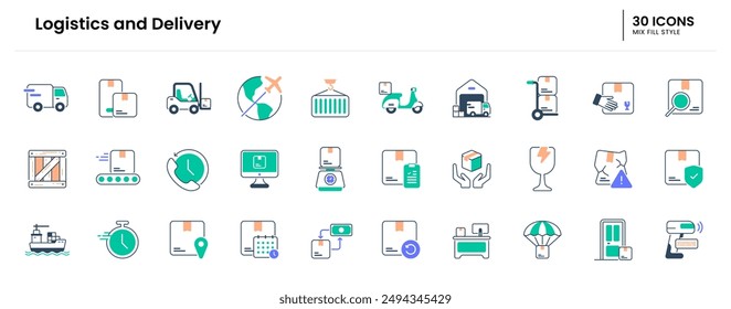 Conjunto de iconos de logística y entrega. entrega, envío, logística, caja, mensajería, carga, almacén, camión, transporte, paquete, envío. Ilustración del icono de relleno de mezcla de Vector