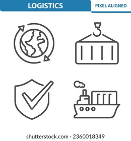 Logistik, Liefersymbole. Container, Globe, Schifffahrt, Transport, Vektorsymbol
