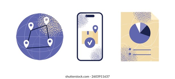 Logistics and delivery icons with a global map, smartphone tracking, and pie chart. Flat vector illustration of global delivery system concept design