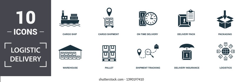 Logistics Delivery icons set collection. Includes simple elements such as Cargo Ship, Cargo Shipment, On Time Delivery, Delivery Pack, Packaging, Pallet and Shipment Tracking premium icons.