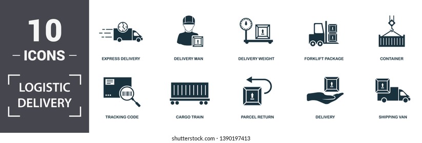 Logistics Delivery icons set collection. Includes simple elements such as Express Delivery, Delivery Man, Delivery Weight, Forklift Package, Container, Cargo Train and Parcel Return premium icons.