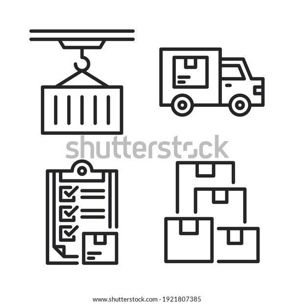 logistics delivery\
Icons Set = conveyor, truck delivery, clipboard, inventory. Perfect\
for website mobile app, app icons, presentation, illustration and\
any other projects.