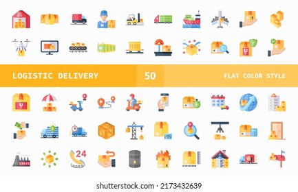Symbole für Logistik und Lieferung. Flache Farbensatz der Vektorgrafik. Kann für digitale Produkte, Präsentation, UI und viele mehr verwendet werden.