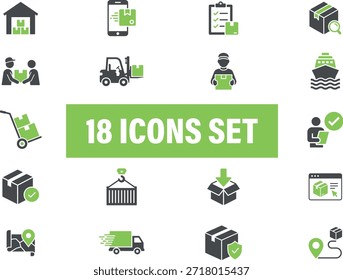 Logistics and Delivery Icons Set. Including warehouse, vehicles, shipping, transportation, delivery, 
package and more. Solid vector icons