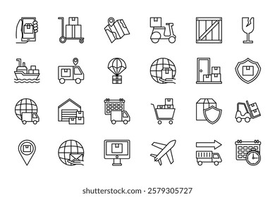 Logistics and Delivery Icons Set. Line Art Shipping and Transportation Elements