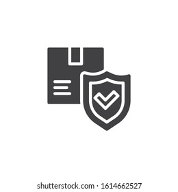 Logistics, Delivery insurance vector icon. Package box with shield filled flat sign for mobile concept and web design. Cargo shipping protection glyph icon. Symbol, logo illustration. Vector graphics