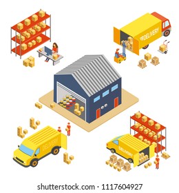 Logistics and delivery isometric concept set with warehouse building, workers with delivery boxes and cargo transport trucks vector illustration.