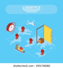 Logistics And Delivery Isometric Gps Marks With Icons On Map Design, Transportation Shipping And Service Theme Vector Illustration