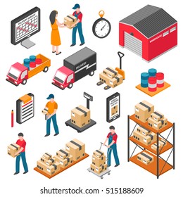 Logistics and delivery isometric icons set with warehouse workers boxes forklifts and cargo transport vector illustration